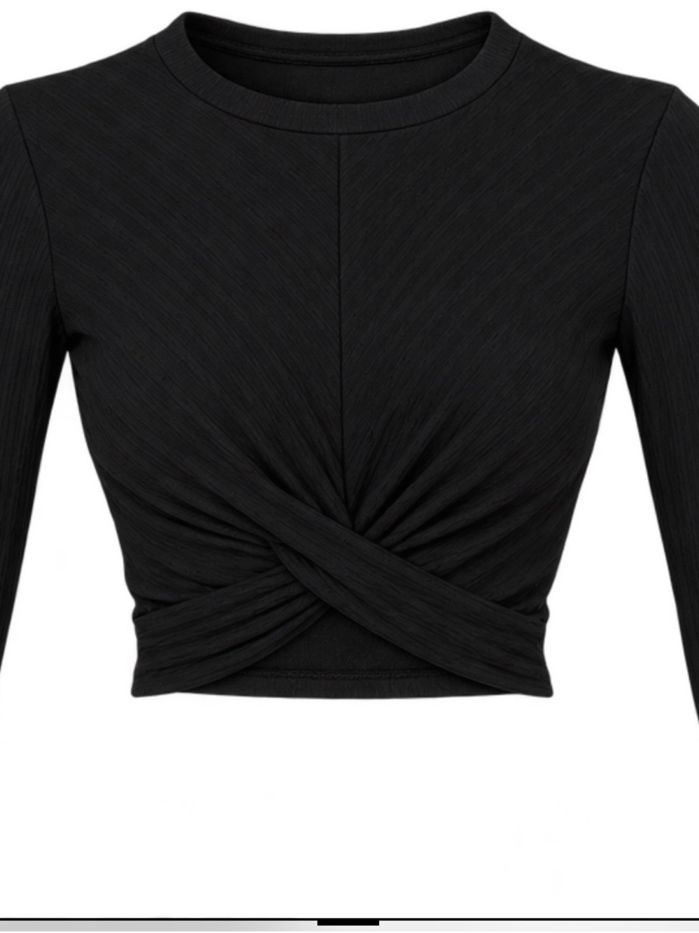 Cropped Twist-Front Black Long-Sleeve Top